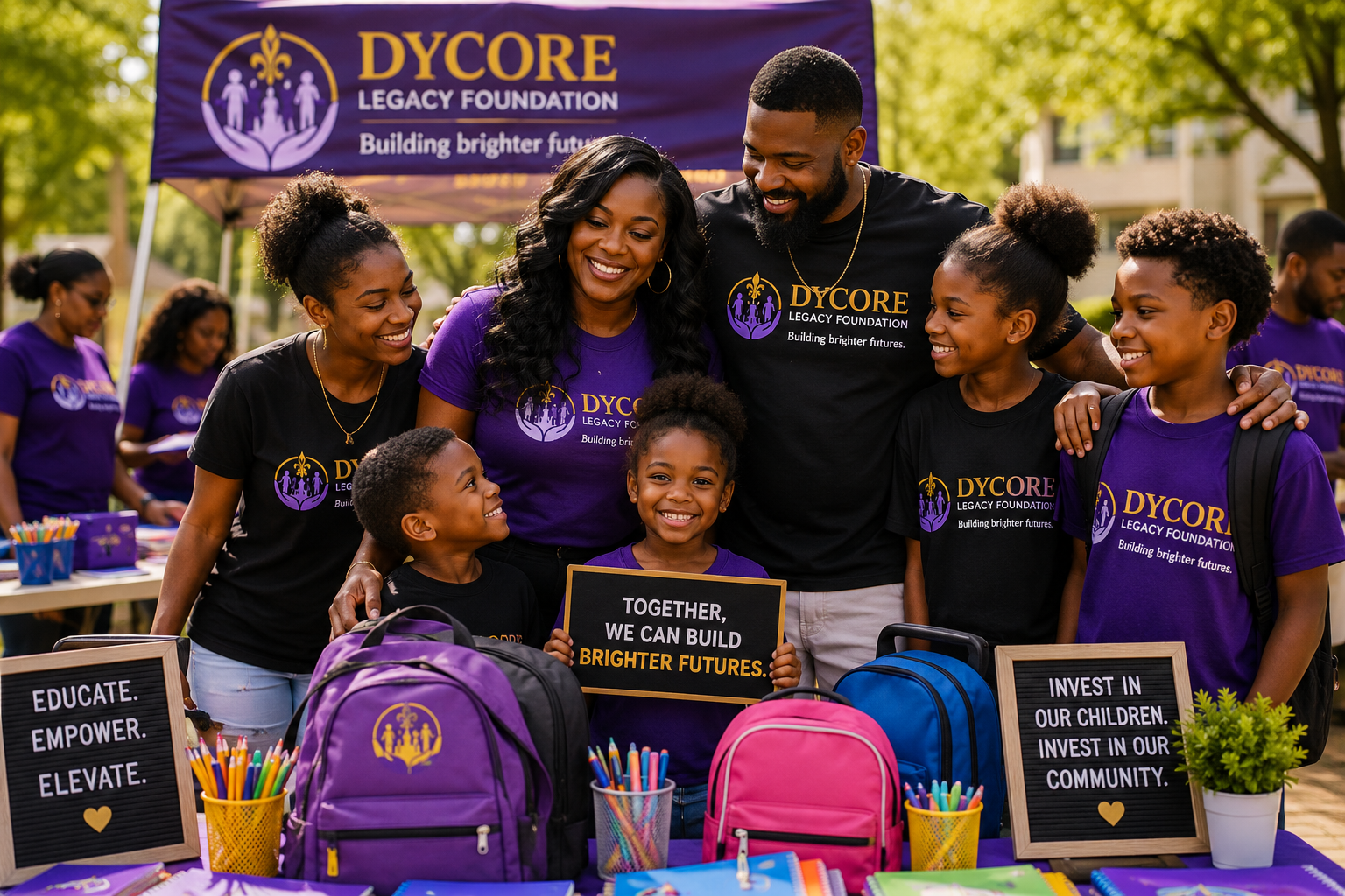 Volunteers and families at a DYCORE Legacy Foundation backpack drive, smiling together behind school supplies and backpacks